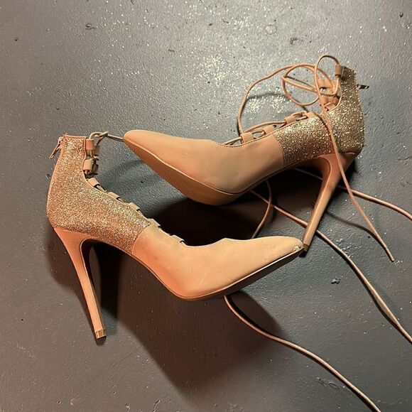 Size 10 Custom Taupe Champagne Charlotte Russe Glitter Ankle Wrap Stilettos - Picture 3 of 8